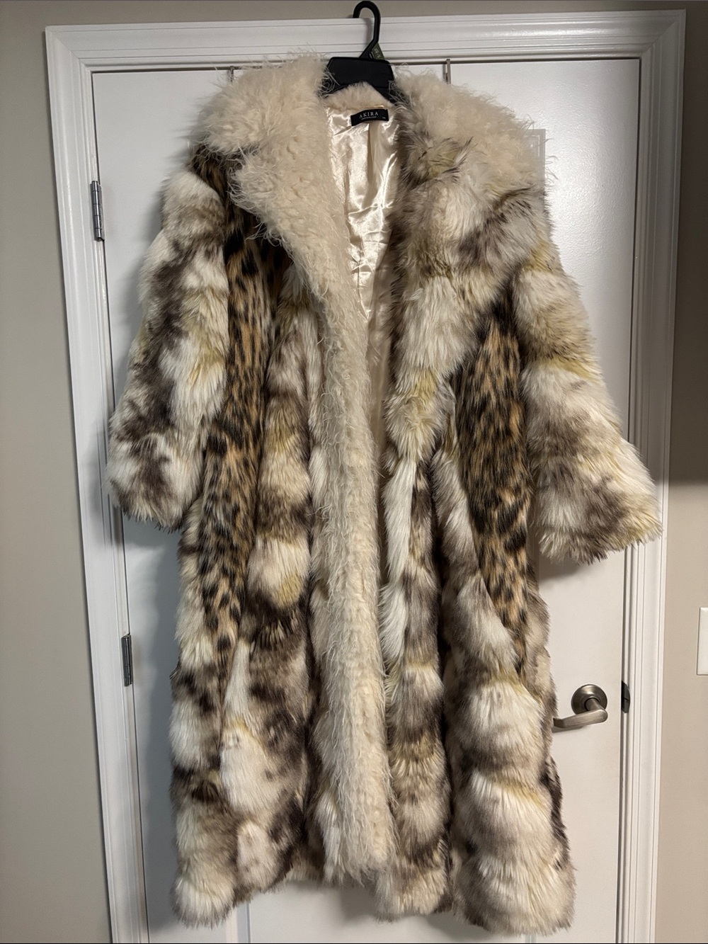 AKIRA Cream, Brown and Tan Faux Fur Long Coat with Mixed Animal Spot Pattern